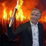 Prime Minister Mark Carney holding a torch starting a wildfire in Canada forest.