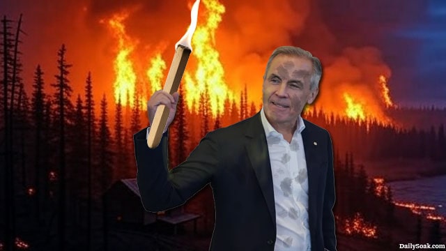 Prime Minister Mark Carney holding a torch starting a wildfire in Canada forest.