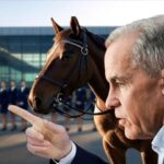 Mark Carney standing next to a horse while watching Air Canada flight attendants protesting.
