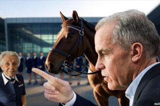 Mark Carney standing next to a horse while watching Air Canada flight attendants protesting.
