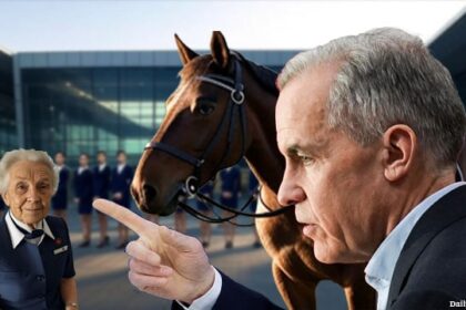 Mark Carney standing next to a horse while watching Air Canada flight attendants protesting.