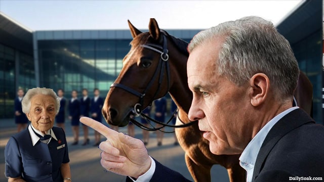 Mark Carney standing next to a horse while watching Air Canada flight attendants protesting.
