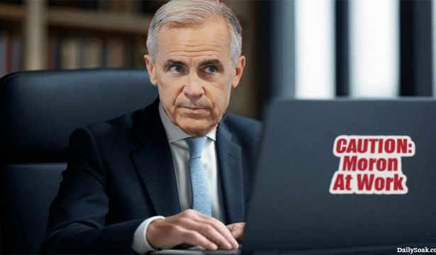 Canada Prime Minister Mark Carney sitting at desk looking at laptop.