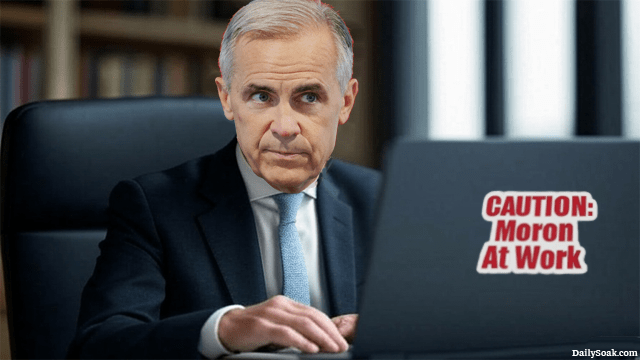 Canada Prime Minister Mark Carney sitting at desk looking at laptop.