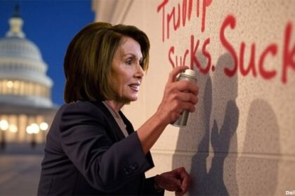 Nancy Pelosi spray-painting a wall of the Capitol Building.