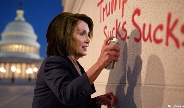 Nancy Pelosi spray-painting a wall of the Capitol Building.