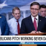 House Republicans male Congress politicians on stage behind a podium.