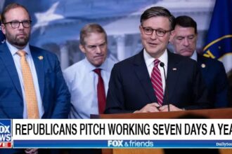 House Republicans male Congress politicians on stage behind a podium.