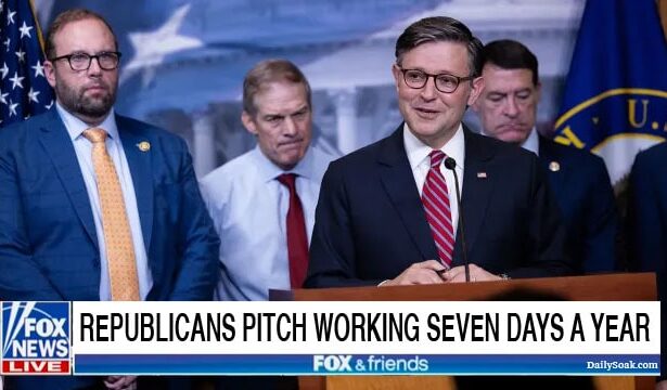 House Republicans male Congress politicians on stage behind a podium.