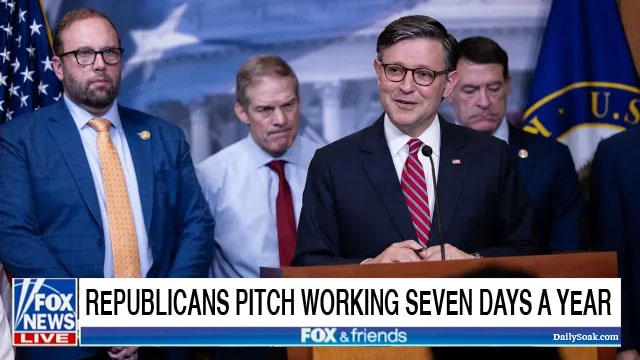House Republicans male Congress politicians on stage behind a podium.