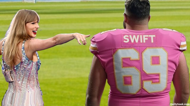 Travis Kelsey wearing a football jersey as Taylor Swift points and laughs at him.