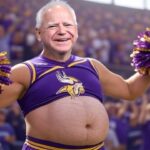 Governor Tim Walz as a male cheerleader wearing a Minnesota Vikings cheerleading outfit.