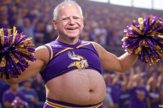 Governor Tim Walz as a male cheerleader wearing a Minnesota Vikings cheerleading outfit.