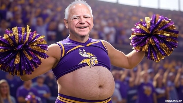 Governor Tim Walz as a male cheerleader wearing a Minnesota Vikings cheerleading outfit.