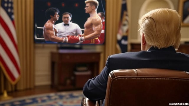 President Donald Trump sitting inside the Oval Office watching Rocky IV on a television.