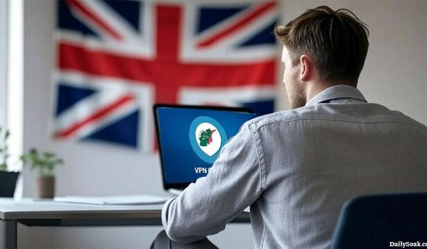 UK British man looking at laptop.