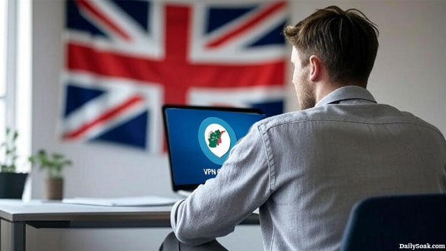 UK British man looking at laptop.