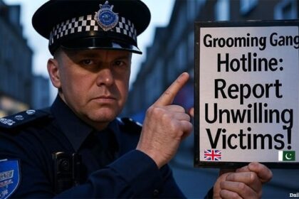 UK police officer holding a sign with the words "Grooming Gang Hotline."