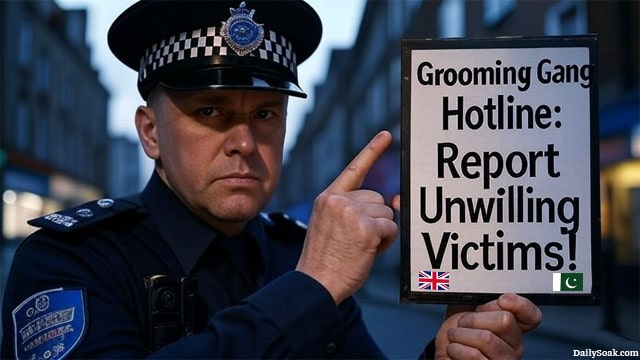 UK police officer holding a sign with the words "Grooming Gang Hotline."