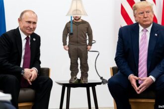 Ukraine President Zelensky standing on a table in the middle of a seated Russian President Putin and President Donald Trump.
