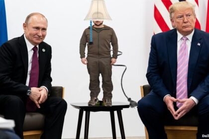 Ukraine President Zelensky standing on a table in the middle of a seated Russian President Putin and President Donald Trump.