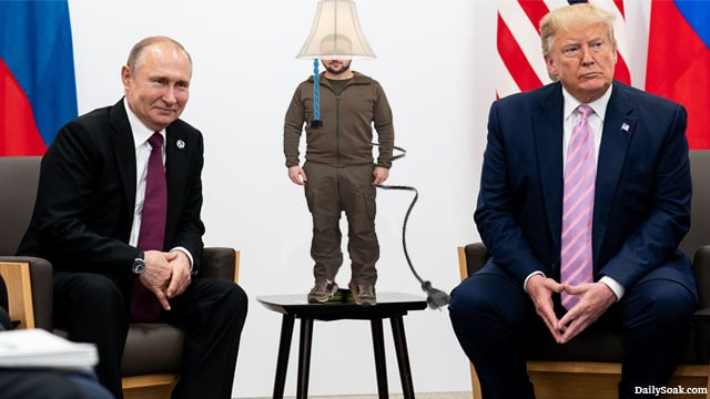Ukraine President Zelensky standing on a table in the middle of a seated Russian President Putin and President Donald Trump.