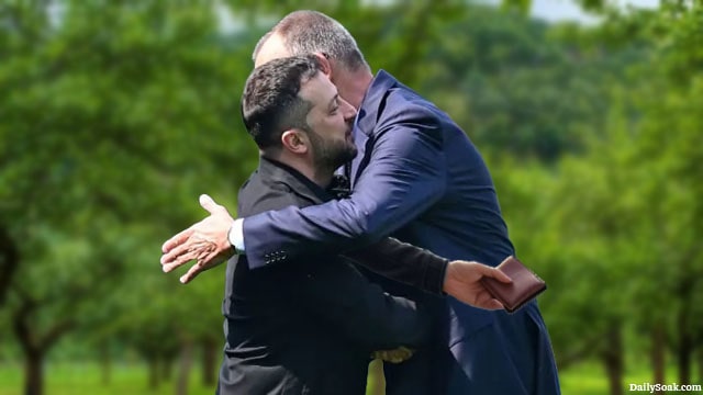 Ukraine President Zelensky hugging German Chancellor Friedrich Merz.