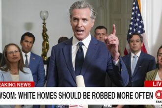California Democrat Gavin Newsom giving a speech on crime and burglary.