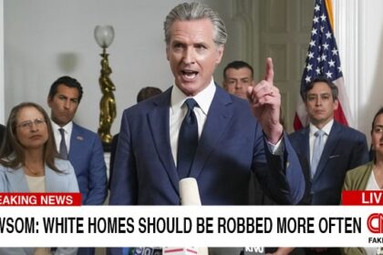 California Democrat Gavin Newsom giving a speech on crime and burglary.