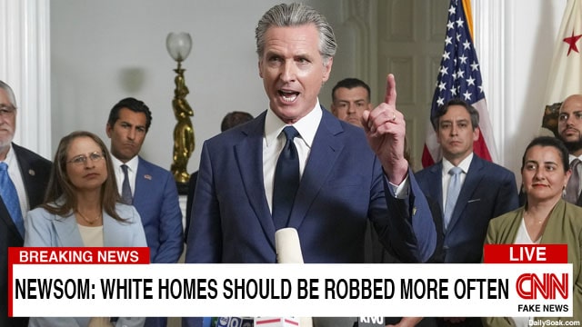 California Democrat Gavin Newsom giving a speech on crime and burglary.