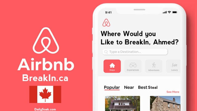 Parody Airbnb app for Canada with a picture of a phone against pink background.