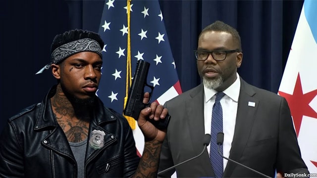 Black Chicago Mayor Brandon Johnson on stage next to a male, black gang member.