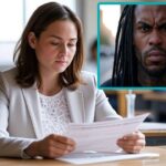 Young, White woman taking a U.S. citizenship test in a small room with the insert of a black man in dreads.