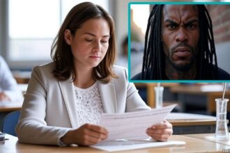 Young, White woman taking a U.S. citizenship test in a small room with the insert of a black man in dreads.