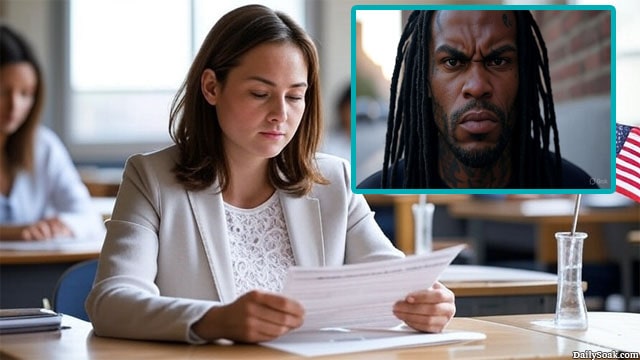 Young, White woman taking a U.S. citizenship test in a small room with the insert of a black man in dreads.