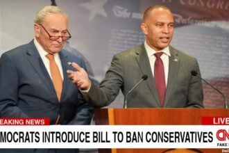 Democrats Hakeem Jeffries and Chuck Schumer on stage in front of a podium in Congress speaking.