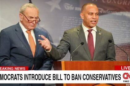 Democrats Hakeem Jeffries and Chuck Schumer on stage in front of a podium in Congress speaking.