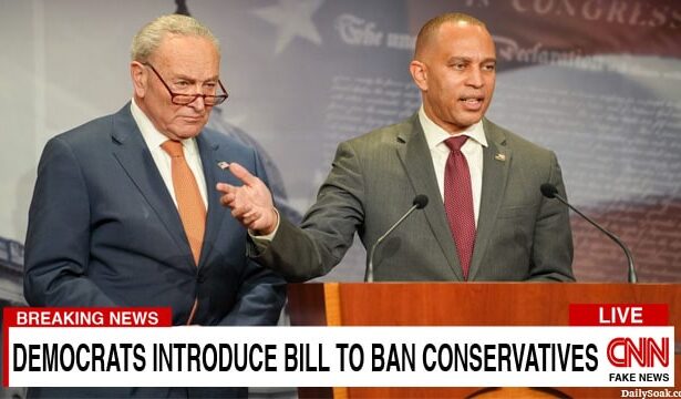 Democrats Hakeem Jeffries and Chuck Schumer on stage in front of a podium in Congress speaking.