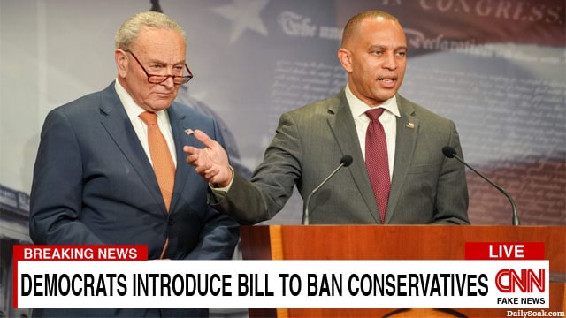 Democrats Hakeem Jeffries and Chuck Schumer on stage in front of a podium in Congress speaking.