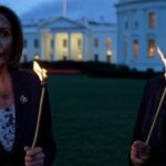 Democrats Nancy Pelosi and AOC with torches standing in front of President Trump's White House.