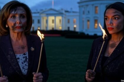 Democrats Nancy Pelosi and AOC with torches standing in front of President Trump's White House.