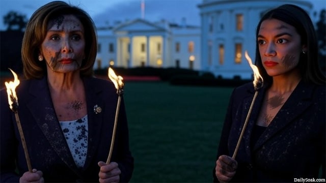 Democrats Nancy Pelosi and AOC with torches standing in front of President Trump's White House.