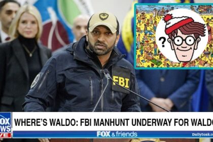 FBI Director Kash Patel speaking in front of a podium on the Where's Waldo character.