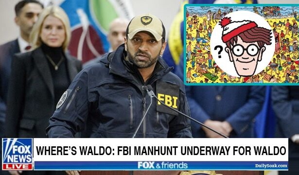 FBI Director Kash Patel speaking in front of a podium on the Where's Waldo character.