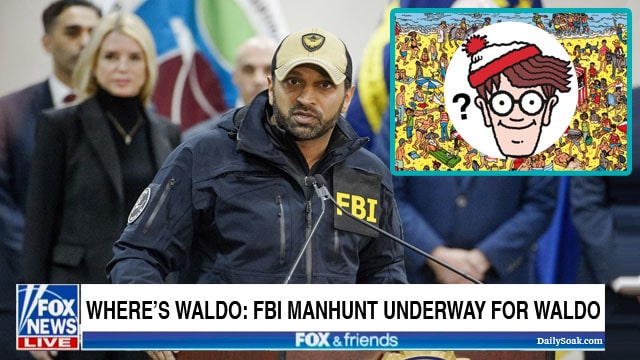 FBI Director Kash Patel speaking in front of a podium on the Where's Waldo character.