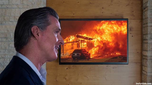Gavin Newsom watching footage of the California wildfires.