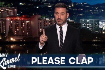 Jimmy Kimmel in a suit on his late night program speaking about Charlie Kirk.
