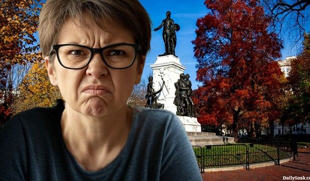 Angry, white liberal woman wearing eyeglasses standing in Washington DC after president Trump cleaned it up.