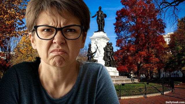 Angry, white liberal woman wearing eyeglasses standing in Washington DC after president Trump cleaned it up.