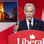 White male Canada Prime Minister Mark Carney speaking on stage in front of an image of a burning church.